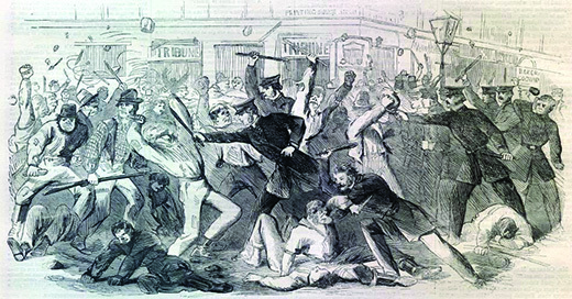 An illustration depicts the race riots in New York; white and black men pummel one another with sticks and rocks in the streets, whereas police officers attempt to intervene.