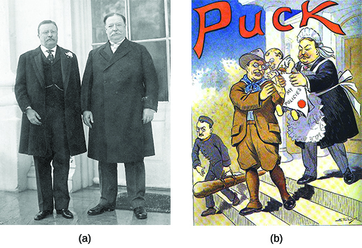 Photograph (a) shows Theodore Roosevelt standing beside William Howard Taft. Cartoon (b) shows 