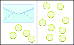 This image is divided into two parts: the first part shows an envelope and 4 blue counters and next to it, the second part shows 9 counters.
