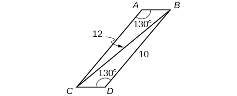 A parallelogram with vertices A, B, C, and D. There is a diagonal from vertex B to vertex C. Angle A is 130 degrees, angle D is 130 degrees, side B D is 10, and the diagonal B C is 12.