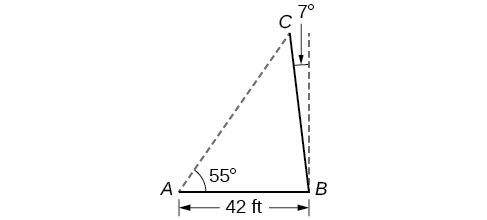 A triangle within a triangle. The outer triangle is formed by vertices A, B, and S (the sun). Side A B is the horizontal base, the ground, and is 42 feet. Angle A is 55 degrees. The inner triangle is formed by vertices A, B, and C. Side B C is the pole. Vertex C is located on side A S of the outer triangle between vertices A and S. Angle C B S is 7 degrees.