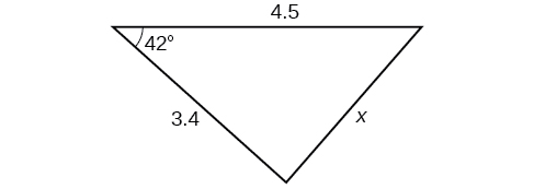 A triangle. One angle is 42 degrees with opposite side = x. The other two sides are 4.5 and 3.4.