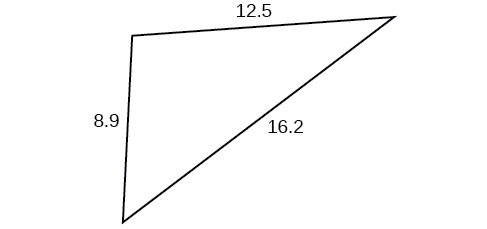 A triangle with sides 8.9, 12.5, and 16.2. Angles unknown.