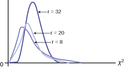 Part (a) shows a chi-square curve with 2 degrees of freedom. It is nonsymmetrical and slopes downward continually. Part (b) shows a chi-square curve with 24 df. This nonsymmetrical curve does have a peak and is skewed to the right. The graphs illustrate that different degrees of freedom produce different chi-square curves.