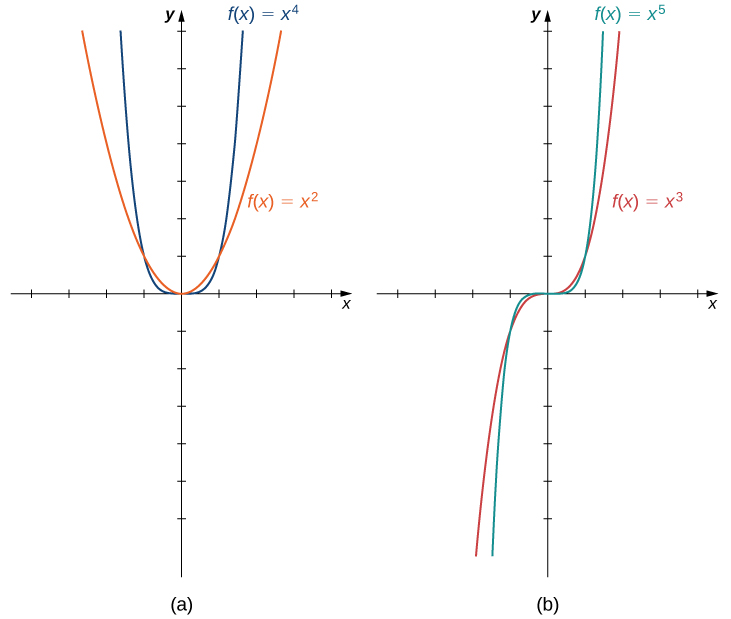An image of two graphs. Both graphs have an x axis that runs from -4 to 4 and a y axis that runs from -6 to 7. The first graph is labeled “a” and is of two functions. The first function is “f(x) = x to the 4th”, which is a parabola that decreases until the origin and then increases again after the origin. The second function is “f(x) = x squared”, which is a parabola that decreases until the origin and then increases again after the origin, but increases and decreases at a slower rate than the first function. The second graph is labeled “b” and is of two functions. The first function is “f(x) = x to the 5th”, which is a curved function that increases until the origin, becomes even at the origin, and then increases again after the origin. The second function is “f(x) = x cubed”, which is a curved function that increases until the origin, becomes even at the origin, and then increases again after the origin, but increases at a slower rate than the first function.
