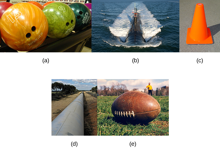 This figure has 5 images. The first image shows bowling balls. The second image is a submarine traveling on an ocean surface. The third image is a traffic cone. The fourth image is a pipline across some barren land. The fifth image is a football.