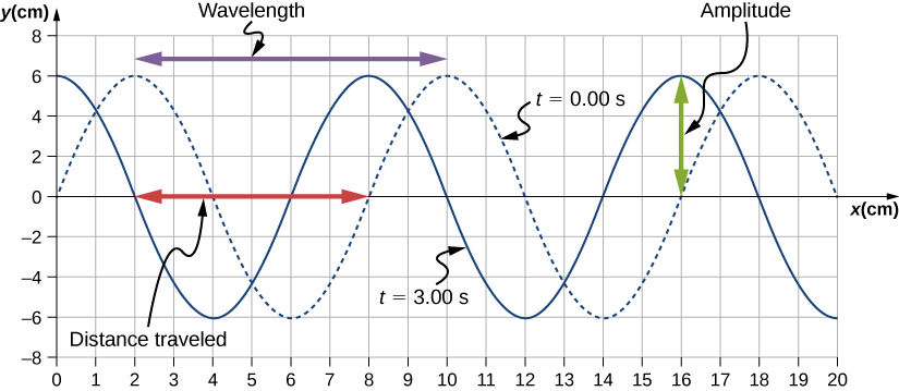 Figure shows two transverse waves whose y values vary from -6 cm to 6 cm. One wave, marked t=0 seconds is shown as a dotted line. It has crests at x equal to 2, 10 and 18 cm. The other wave, marked t=3 seconds is shown as a solid line. It has crests at x equal to 0, 8 and 16 cm. The horizontal distance between two consecutive crests is labeled wavelength. This is from x=2 cm to x=10 cm. The vertical distance from the equilibrium position to the crest is labeled amplitude. This is from y=0 cm to y=6 cm. A red arrow is labeled distance travelled. This is from x=2 cm to x=8 cm.