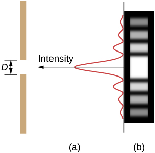 Figure a shows a vertical line on the left side. This has a gap of length D. A vertical wave is shown on the right. The wave has a high crest in the center, corresponding to the slit. The wave attenuates on both top and bottom. An arrow along the central crest of the wave, pointing towards the slit is labeled intensity. Figure b shows a strip with horizontally marked light and dark lines. The central line, corresponding to the slit is the brightest.