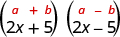The product of 2x plus 5 and 2x minus 5. Above this is the general form a minus b, in parentheses, times a plus b, in parentheses.