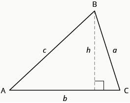 A triangle with vertices A, B, and C. The sides opposite these vertices are marked a, b, and c, respectively. The side b is parallel to the bottom of the page, and it has a dashed line drawn from vertex B to it. This line is marked h and makes a right angle with side b.