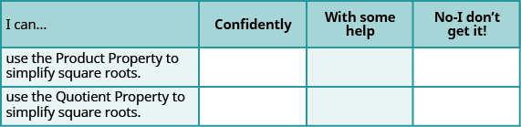 This table has four columns and three rows. The columns are labeled, “I can…,” “confidently,” “with some help,” and “no—I don’t get it!” The rows under “I can…” Read, “use the Product Property to simplify square roots.,” and “use the Quotient Property to simplify square roots.” The other rows unders the other columns are blank.