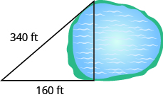 The image shows a right triangle with a horizontal side stretching across a lake, a vertical side on the left labeled a and the hypotenuse connecting the two.